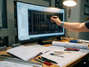 Ingenieur tekent schakelkastbekabeling in EPLAN op monitor, met gedrukte elektrische schema's en technisch gereedschap op industrieel bureau.