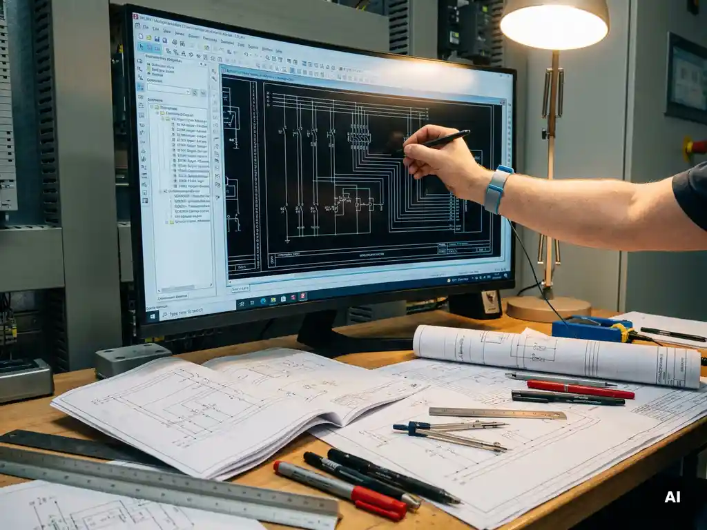 Ingenieur tekent schakelkastbekabeling in EPLAN op monitor, met gedrukte elektrische schema's en technisch gereedschap op industrieel bureau.