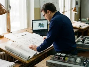 Werktuigbouwkundig ingenieur bestudeert schakelkastindeling op tekentafel met elektrische schema's en CAD-software op achtergrond.