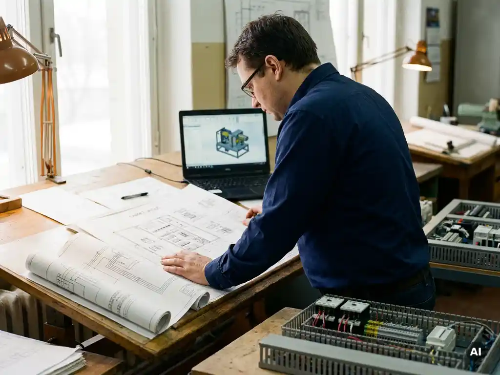 Werktuigbouwkundig ingenieur bestudeert schakelkastindeling op tekentafel met elektrische schema's en CAD-software op achtergrond.