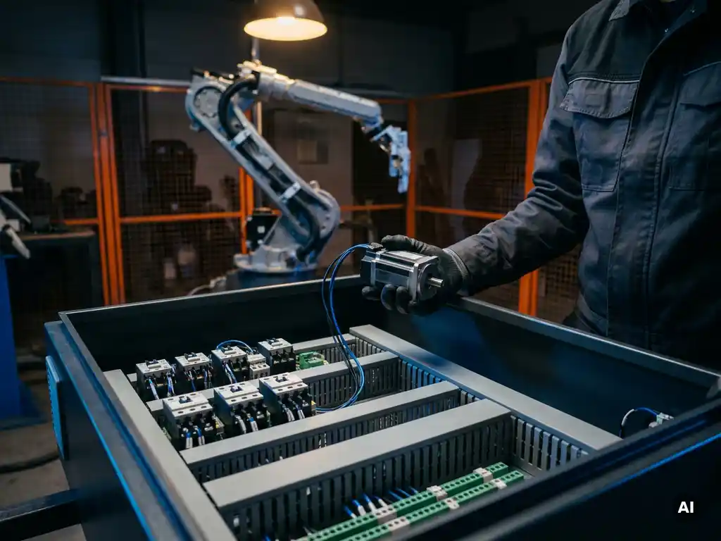 Ingenieur houdt een compacte servomotor boven een open industrieel schakelkast met contactoren en kabelgoten in een robotcel.