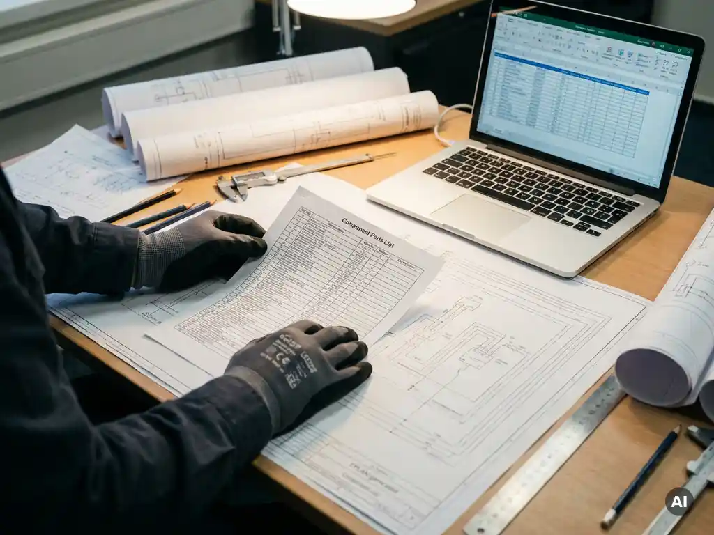 Werktuigbouwkundige handen die een onderdelenlijst schikken op een tekentafel met EPLAN-bedradingsschema's en een laptop met componenttabellen.