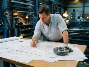 Werktuigbouwkundige traceer koperen bedrading op elektrisch schema, met precisiecomponent op overlapte tekeningen, industriële werkplaats.